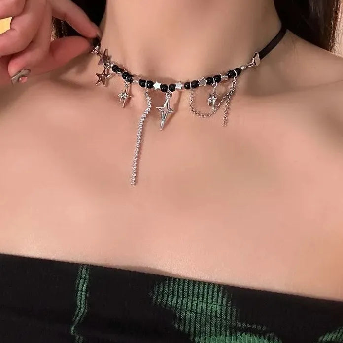 2026 Star Rhinestone Tassel Leather Choker Necklace Black Beads Y2K