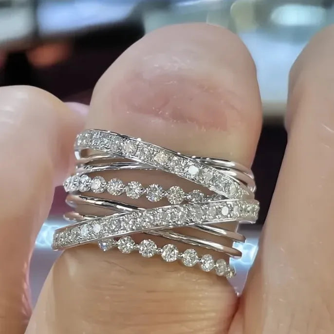 Luxury Silver Cross Bridal Wedding Ring for Women Paved CZ Brass Jewelry