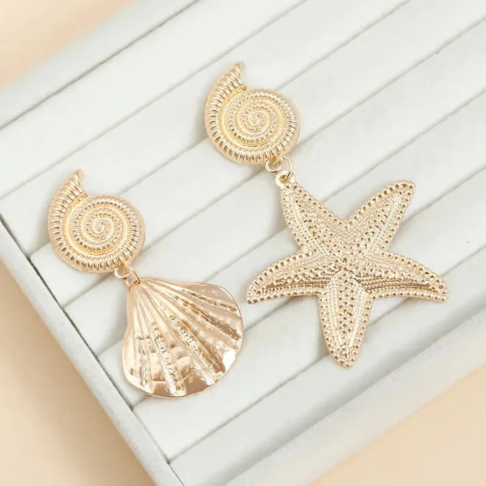 Asymmetric Seashell Pearl Starfish Drop Earrings Zinc Alloy Jewelry Gift Women