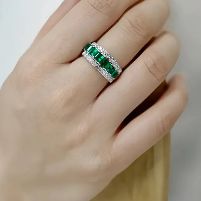 Luxury Dark Green Square Cubic Zirconia Wedding Band Ring for Women Silver Brass Fashion Jewelry
