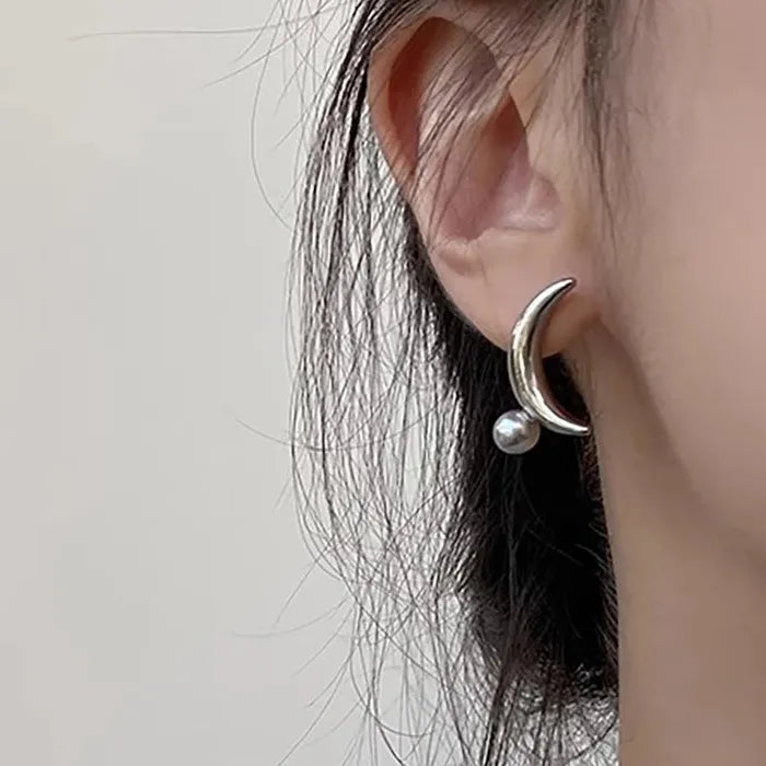 Moon Gray Pearl Stud Earrings Copper Moon Bowknot Jewelry Gift Women