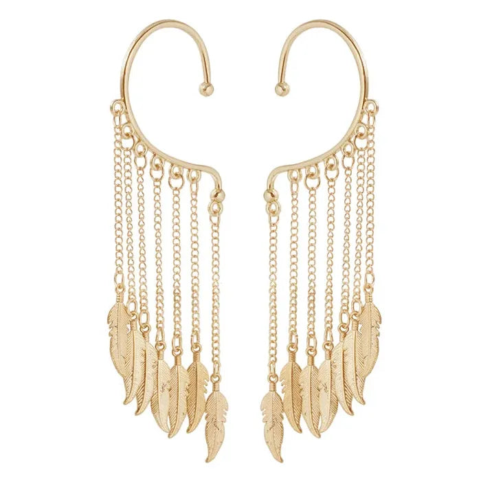Metal Leaf Multi-Layer Tassel Zinc Alloy Clip-On Ear Wrap Cuff Earrings