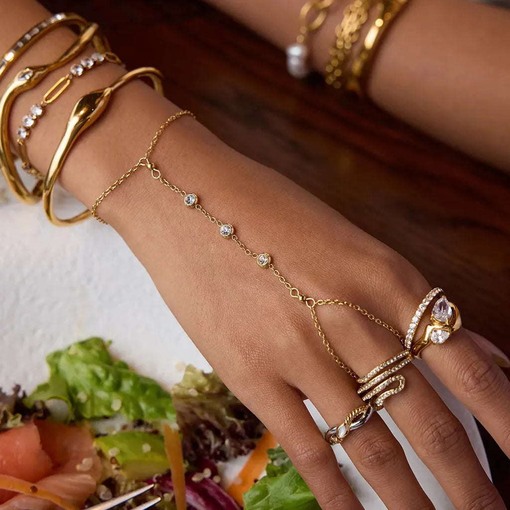 Golden Stainless Steel Zircon Finger Ring Chain Bracelet Women Trendy Waterproof Jewelry