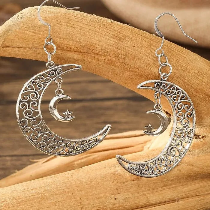 Fashion Trend Zinc Alloy Earrings Hollow Star Moon Pendant Drop Jewelry