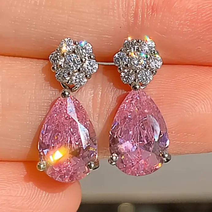 Pear Shape Pink Cubic Zirconia Dangle Earrings Silver Tone Jewelry