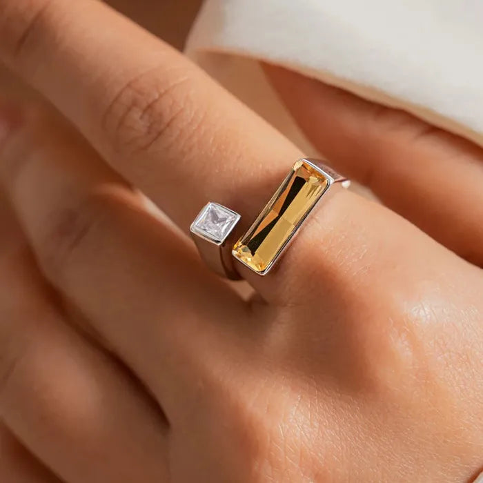 Adjustable Luxury Gold Zircon Geometric Square Ring for Women Party Jewelry Gift