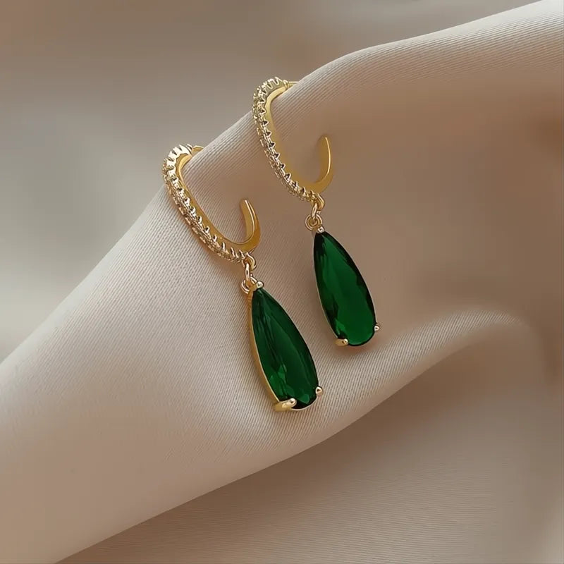 Pear Green Cubic Zirconia Drop Earrings for Women Gold Color Trendy Office Jewelry