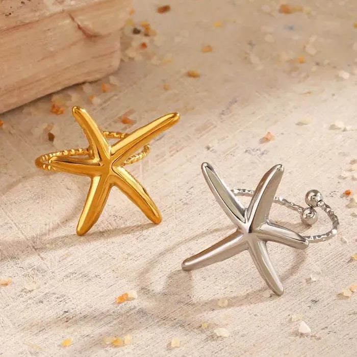Adjustable Stainless Steel Gold Starfish Ring Vintage Beach Jewelry Women