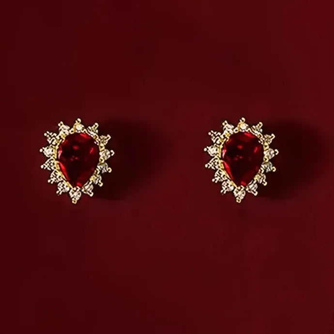 Bright Red Water Drop CZ Stud Earrings Copper Alloy Luxury Wedding Gift