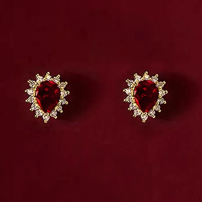 Red Water Drop CZ Stud Earrings Gold Color Fashion Jewelry Gift