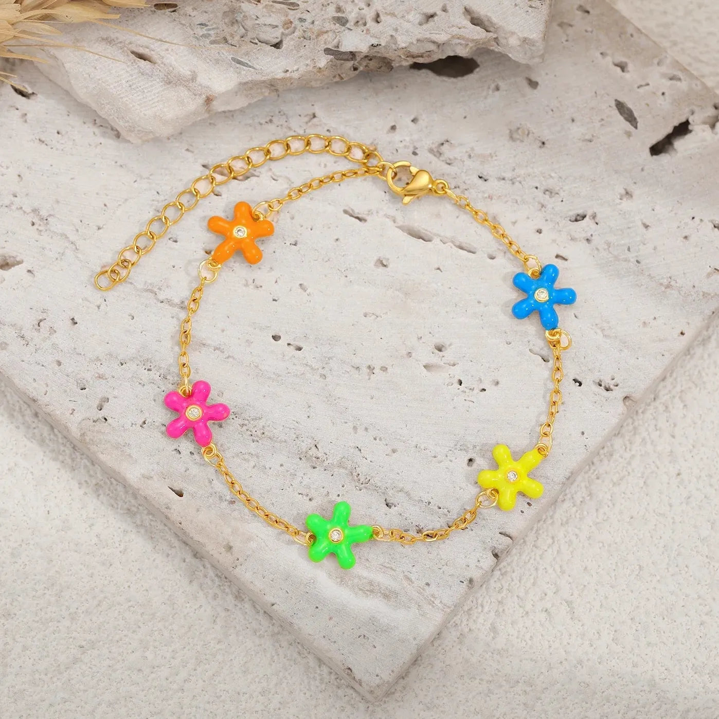Handmade 18k Gold Plated Multicolor Enamel Wildflower Daisy Bracelet Anklet Gift