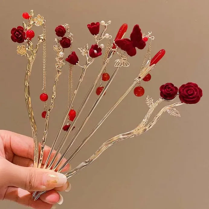 Vintage Chinese Red Rose Alloy Tassel Hair Stick for Women Hairpin