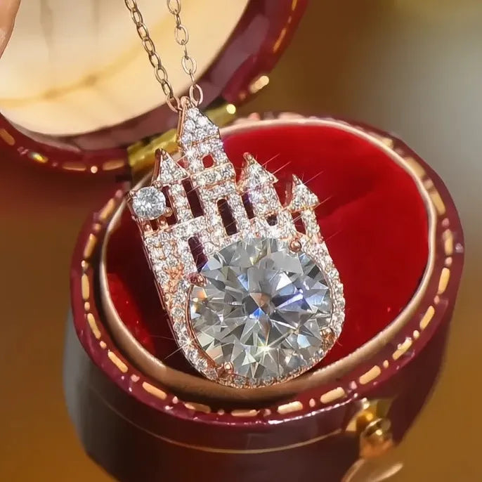 Castle Design Rose Gold Geometric Pendant Necklace with Cubic Zirconia Gems