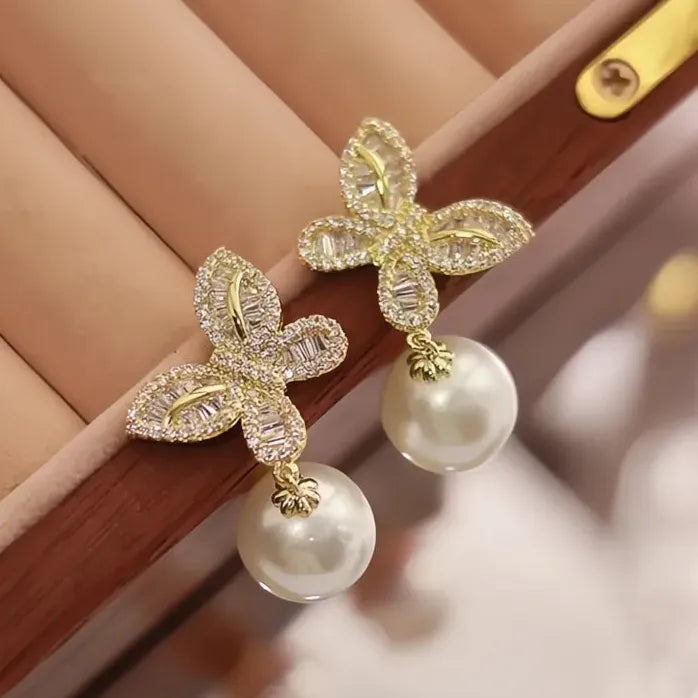 Butterfly Drop Earrings with Imitation Pearl & Sparkling CZ, Brass Jewelry