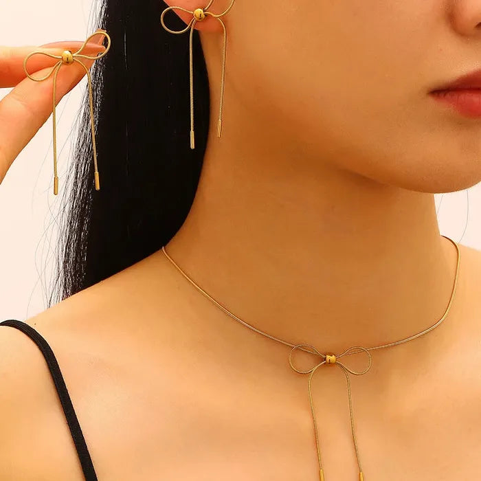 Vintage Stainless Steel Bow Earrings & Pendant Necklace Set for Women