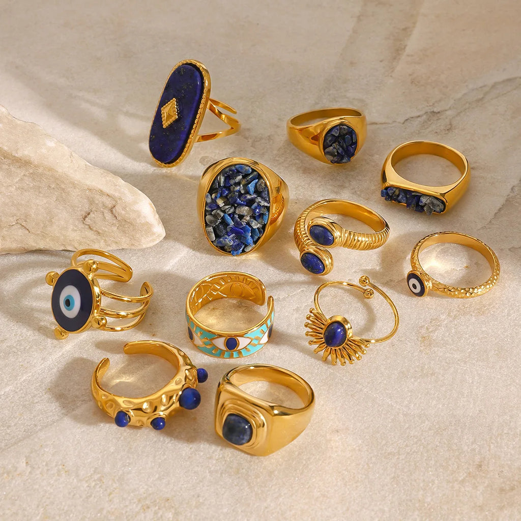 18K Gold Plated Goth Evil Eye Ring Blue Natural Stone Chunky Knuckle Jewelry