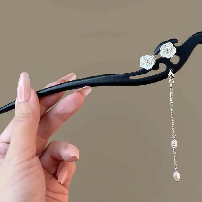 Wooden Chinese Style Flower Tassel Hair Stick with Pearl Pendant Hairpin