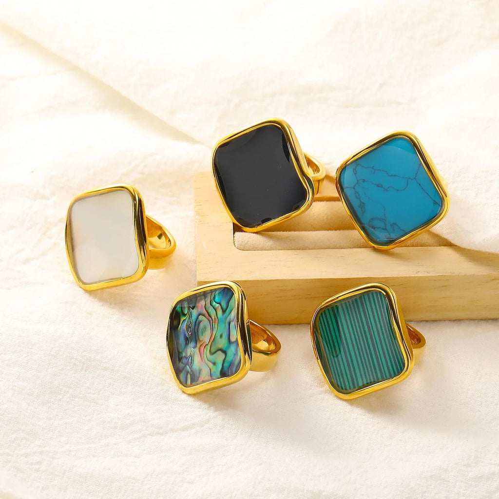 Oversize Natural Abalone Shell Ring for Women 18K Gold Plated Stainless Steel
