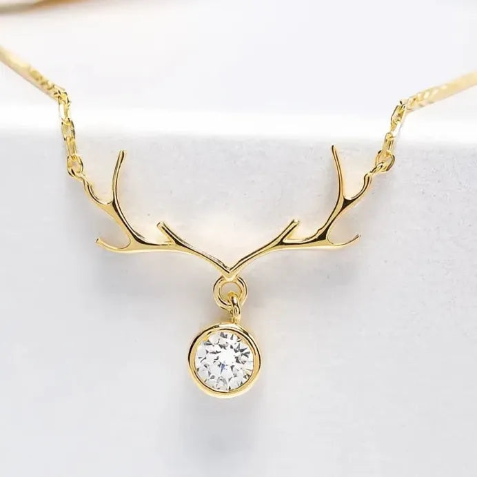 Elk Antler Pendant Necklace for Women with Cubic Zirconia Jewelry