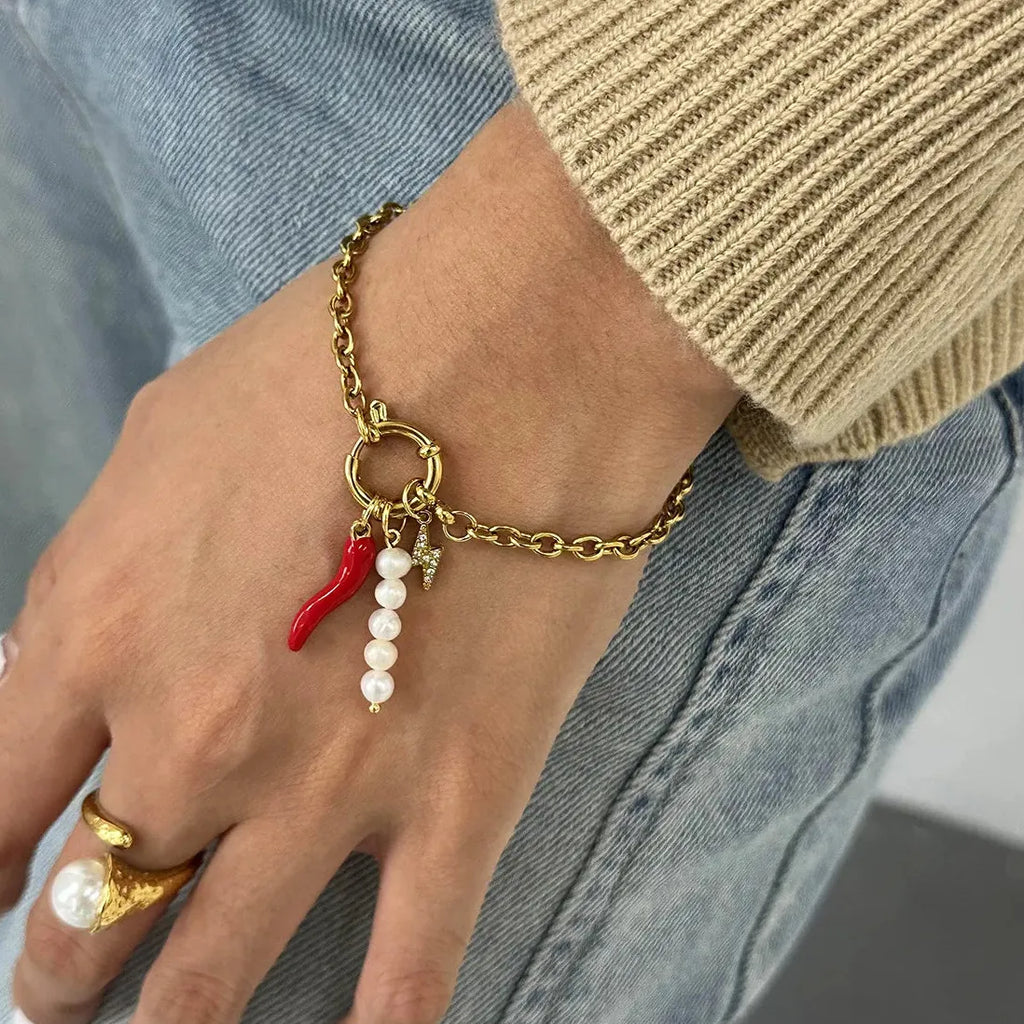 18k Gold Plated Red Chili Pepper Pearl Charm Bracelet Stainless Steel Women Jewelry