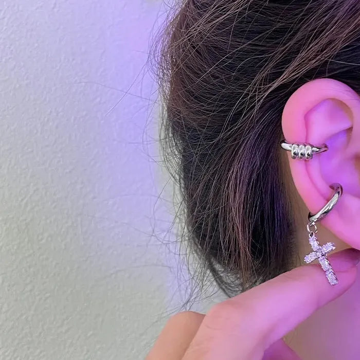 Zinc Alloy Punk Zircon Cross Thorns Clip Earrings for Men & Women Y2K Gift