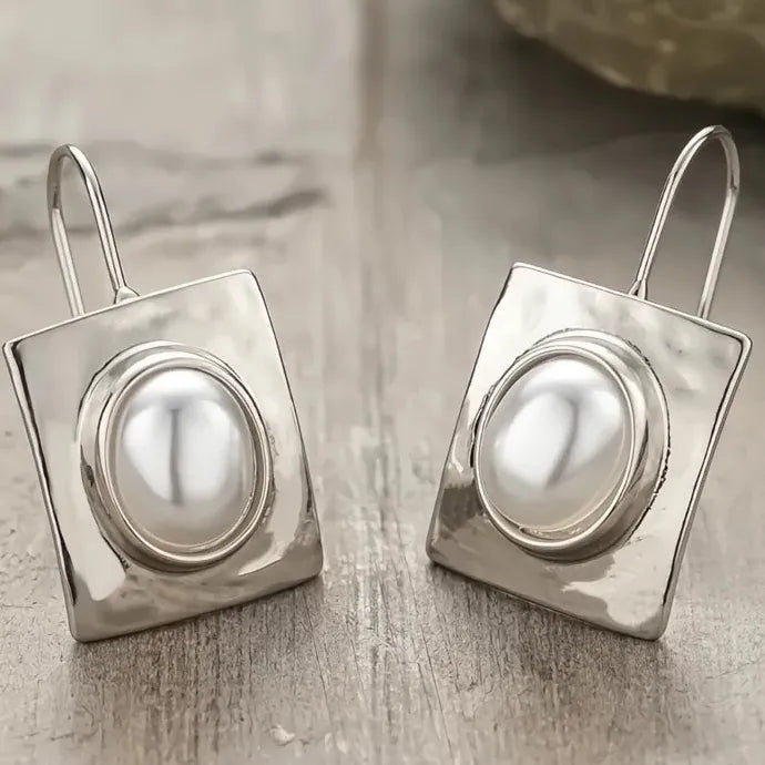 Vintage Boho Hammered Brass Square Earrings with Pearl Dangle for Women