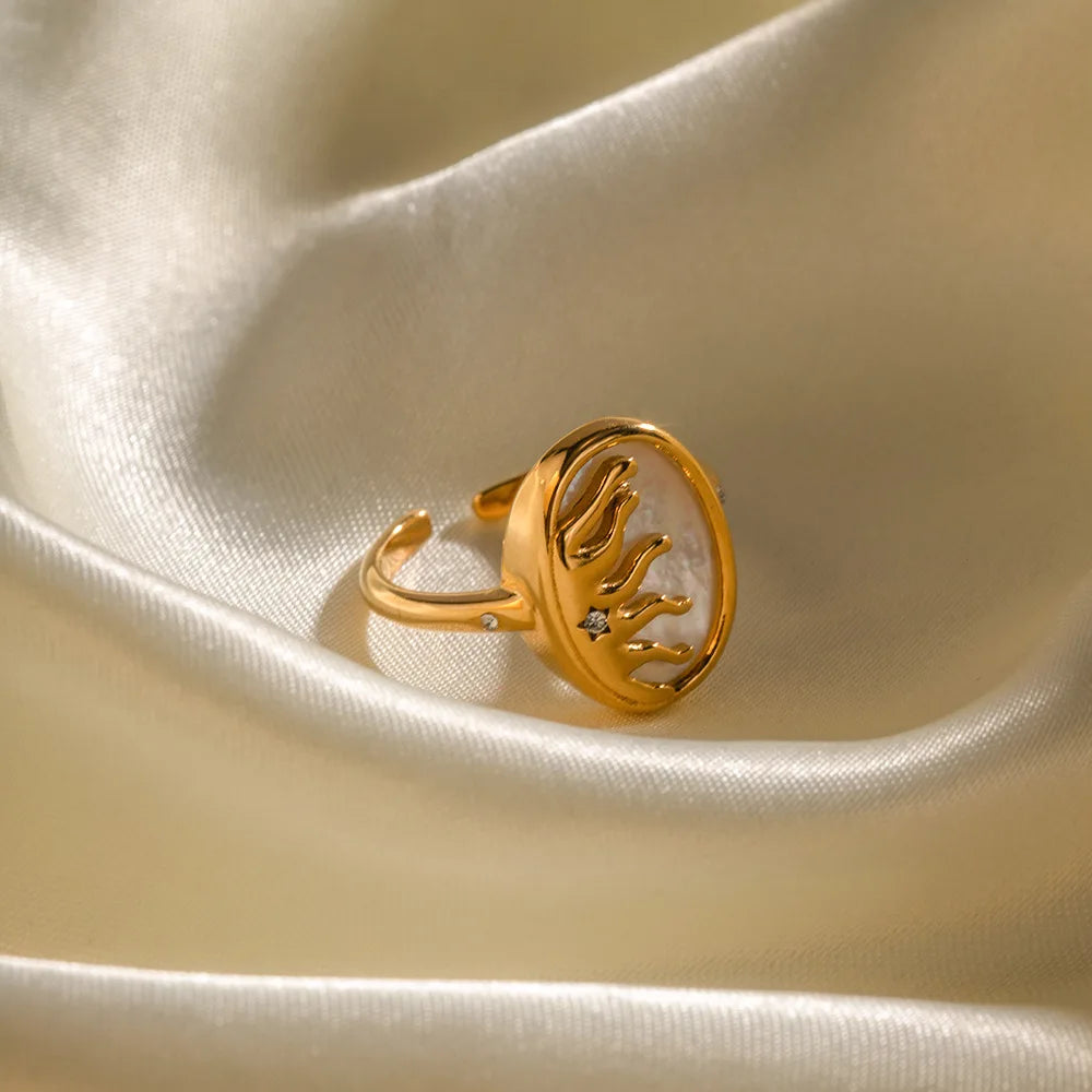 Vintage Opal Gold Stainless Steel Geometric Sun Ring for Women Wedding Jewelry