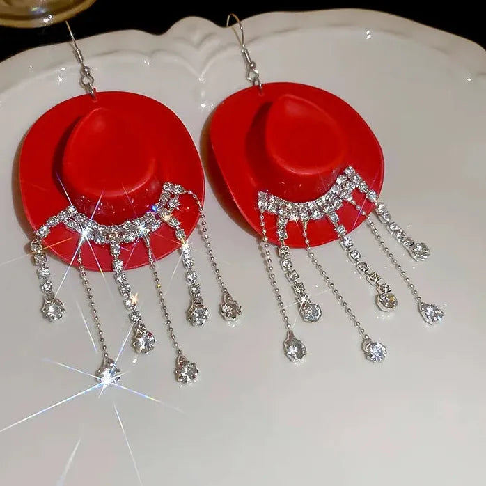 Cowboy Hat Tassel Earrings Women Copper Alloy Rhinestone Drop Y2K Jewelry