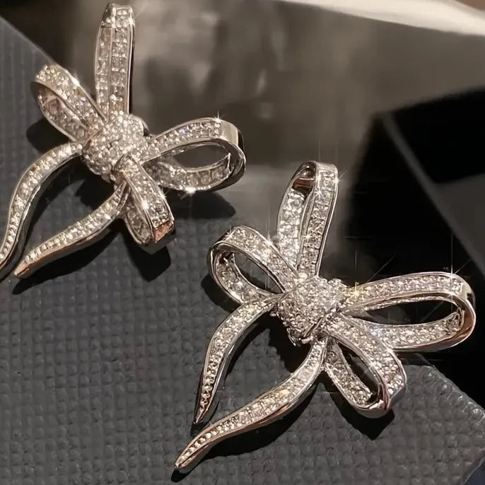 Bow Shaped Cubic Zirconia Stud Earrings Romantic Wedding Copper Alloy Jewelry