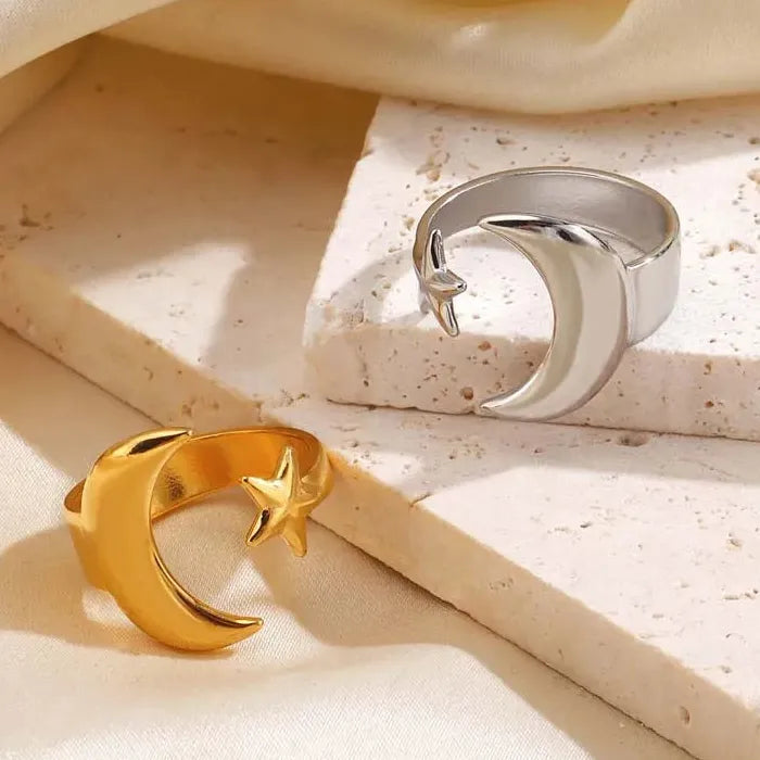 Adjustable Stainless Steel Gold Star Moon Ring for Women Celestial Gift