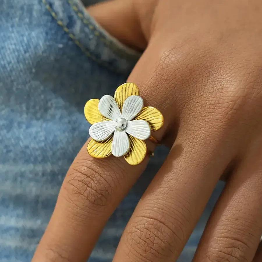 Stainless Steel Flower Rings for Women Men, Gold Silver, Double-Layer Open Band