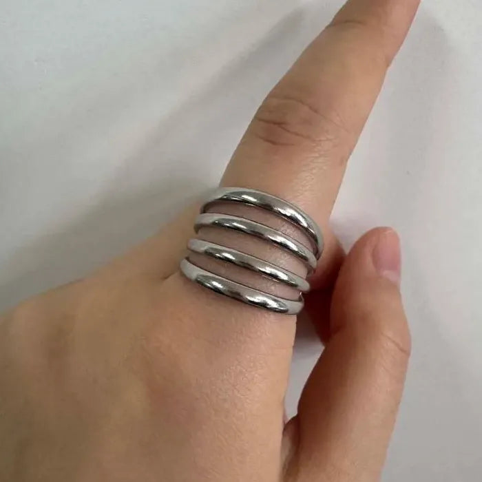 Adjustable Stainless Steel Leaf Wave Line Ring for Women Vintage Gold Jewelry