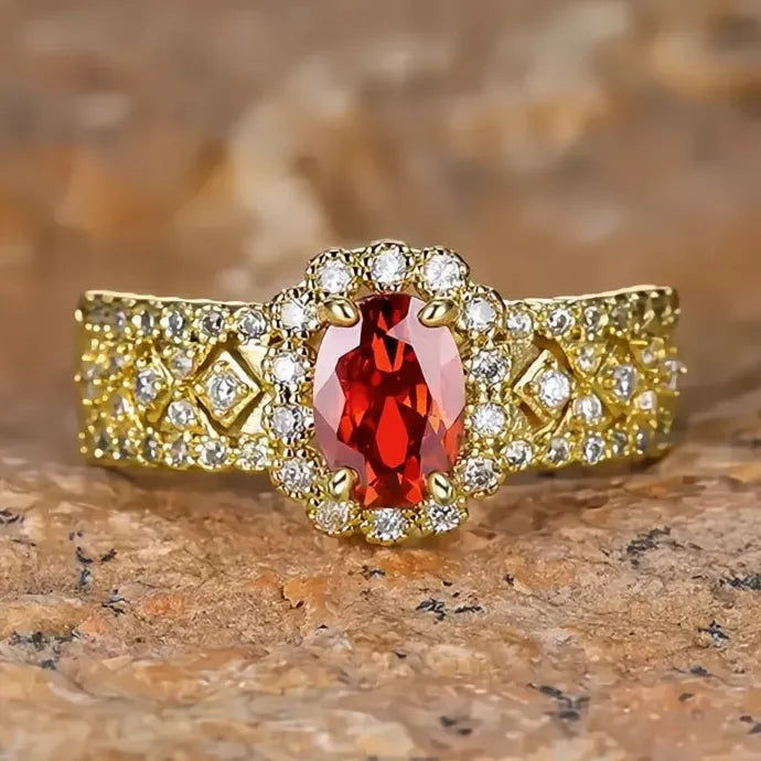Oval Garnet Cubic Zirconia Brass Wedding Band Engagement Ring for Women