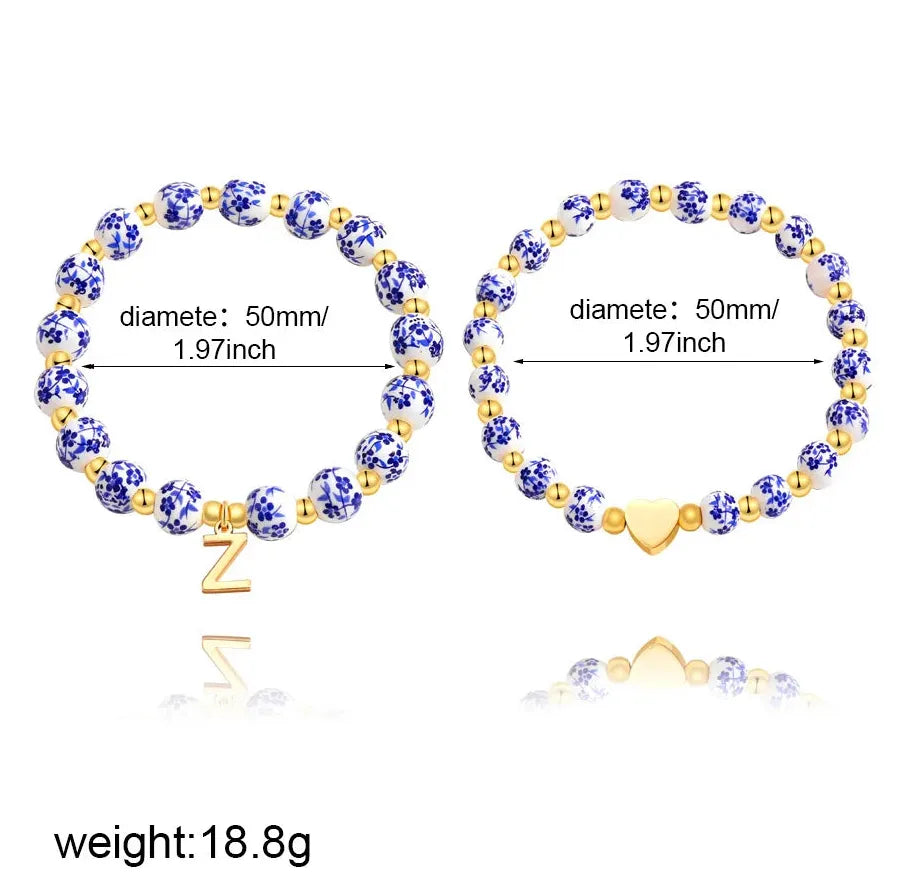 2 Pcs Handmade Blue White Porcelain Letter B Elastic Beaded Bracelet Jewelry Gift