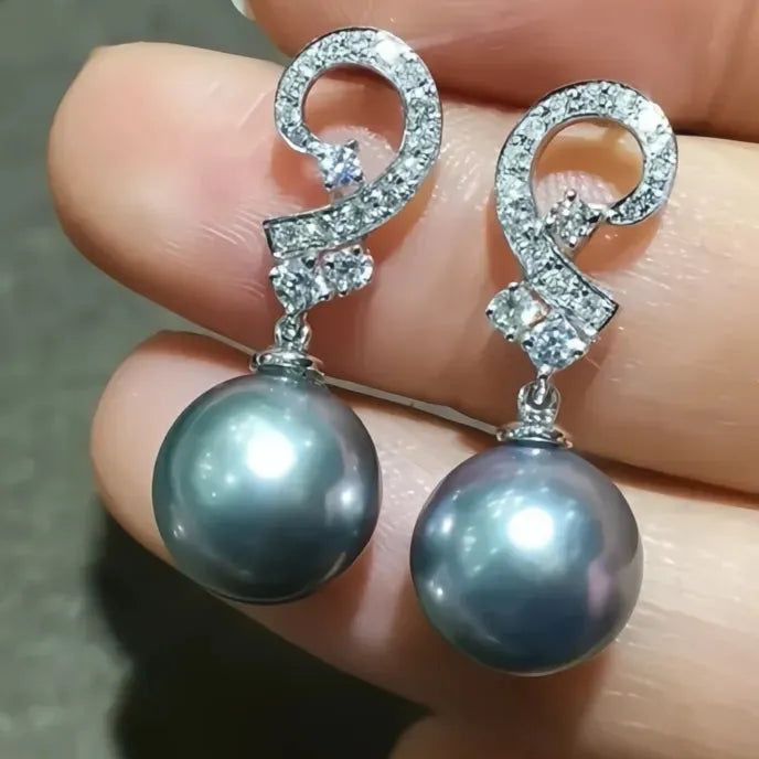 Elegant Black Imitation Pearl Drop Earrings for Women with Shiny CZ Wedding Party Jewelry