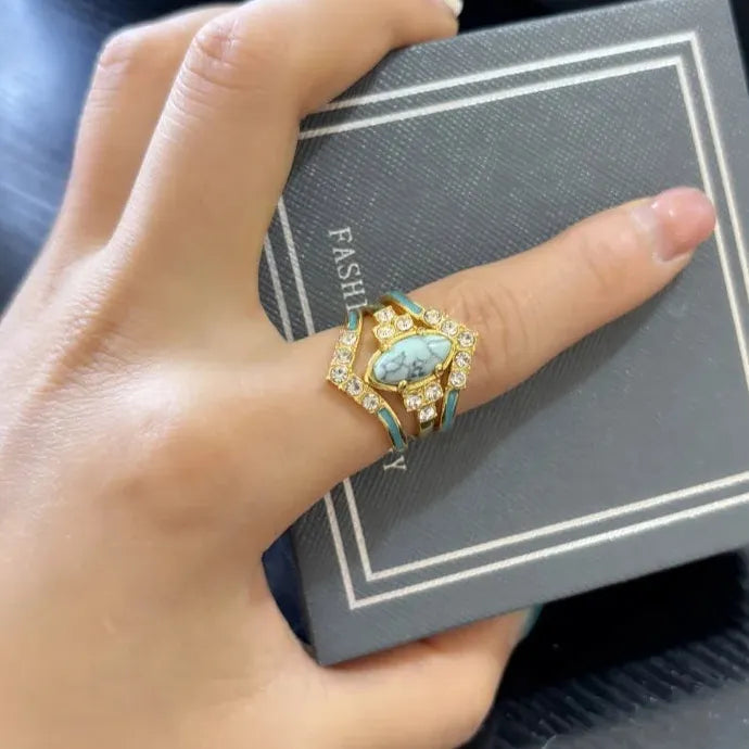3 Pieces Women's Zinc Alloy Multilayer Hollow Turquoise Engagement Rings Set
