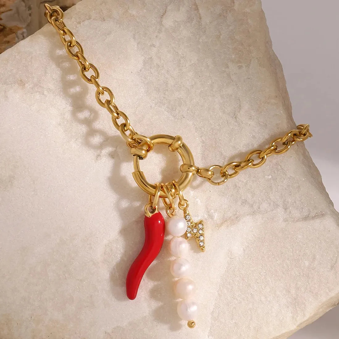 18k Gold Plated Red Chili Pepper Pearl Charm Bracelet Stainless Steel Women Jewelry