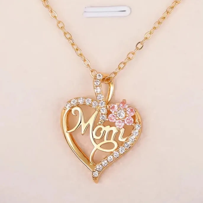 Mother's Day Pendant Necklace for Mom Copper Alloy Pink Flower CZ Jewelry