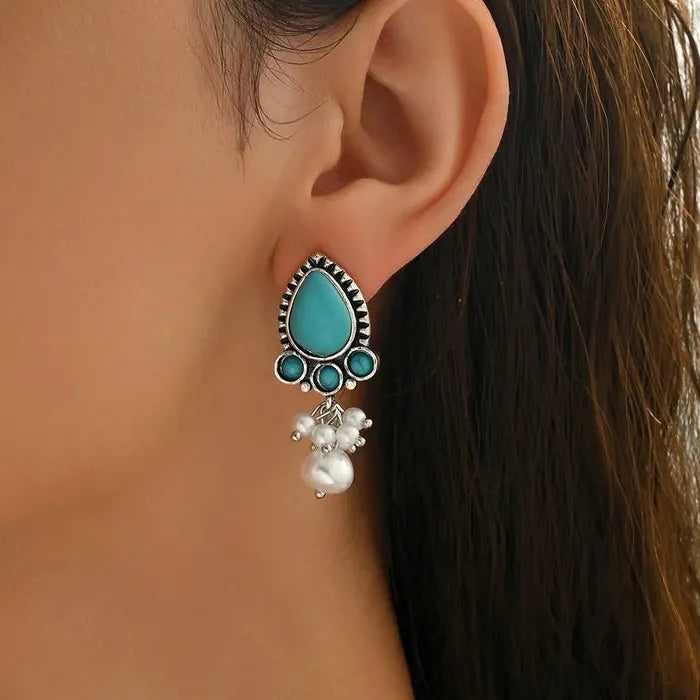 Bohemian Handmade Zinc Alloy Pearl Turquoise Pendant Drop Earrings for Women