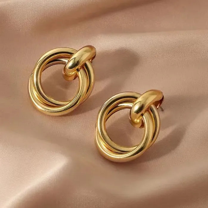 Gold Copper Alloy Three-Layer Textured Knot Earrings Women Vintage Jewelry