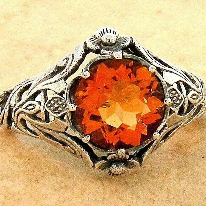 Vintage Red Zircon Plant Pattern Zinc Alloy Ring Gothic Punk Jewelry Gift