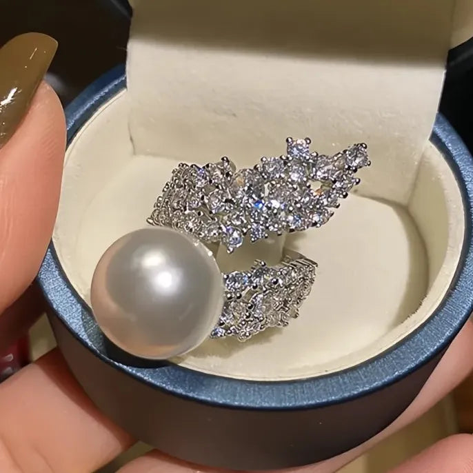 Simulated Pearl Wedding Ring with Zirconia Brass Luxury Jewelry for Women