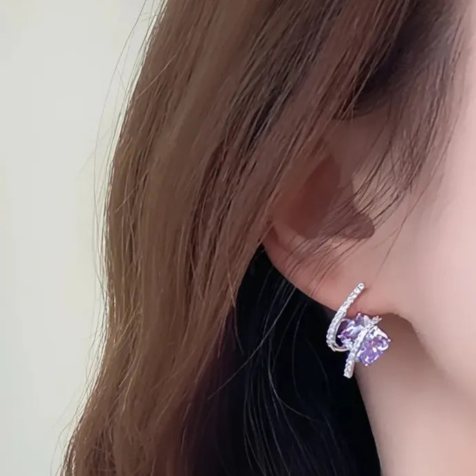 Purple Geometric Cubic Zirconia Stud Earrings for Women Bridal 2023