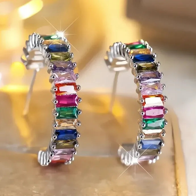 Women Geometric Hoop Earrings Silver Copper Alloy CZ Multi-Color Wedding Jewelry
