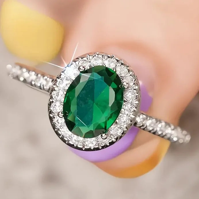 Elegant Silver Oval Green CZ Ring for Women Wedding Engagement Jewelry
