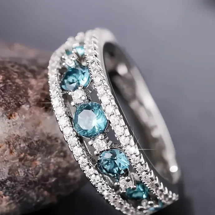 Blue White Cubic Zirconia Geometric Brass Wedding Band Ring for Women
