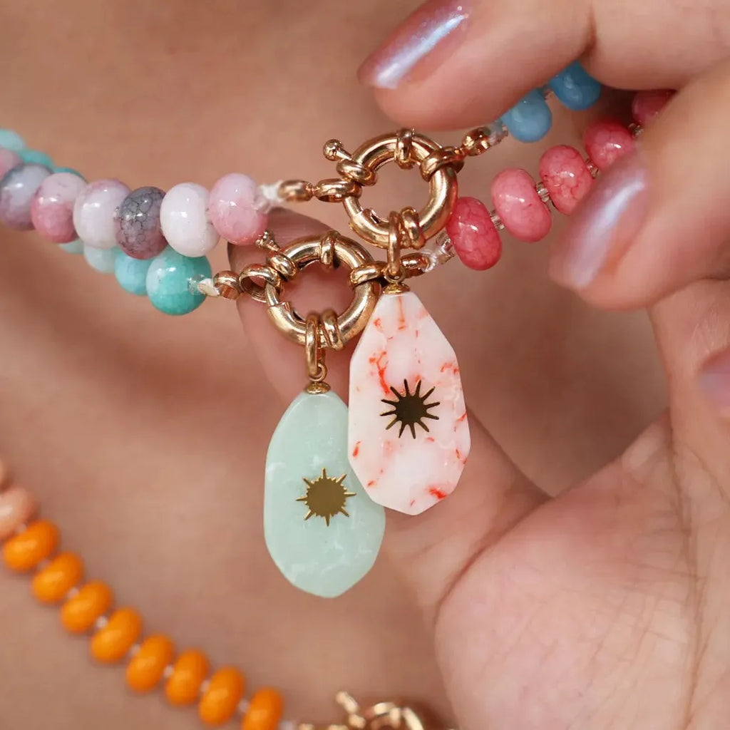 Handmade Multi Colored Rice Bead Natural Stone Geometric Pendant Choker Necklace