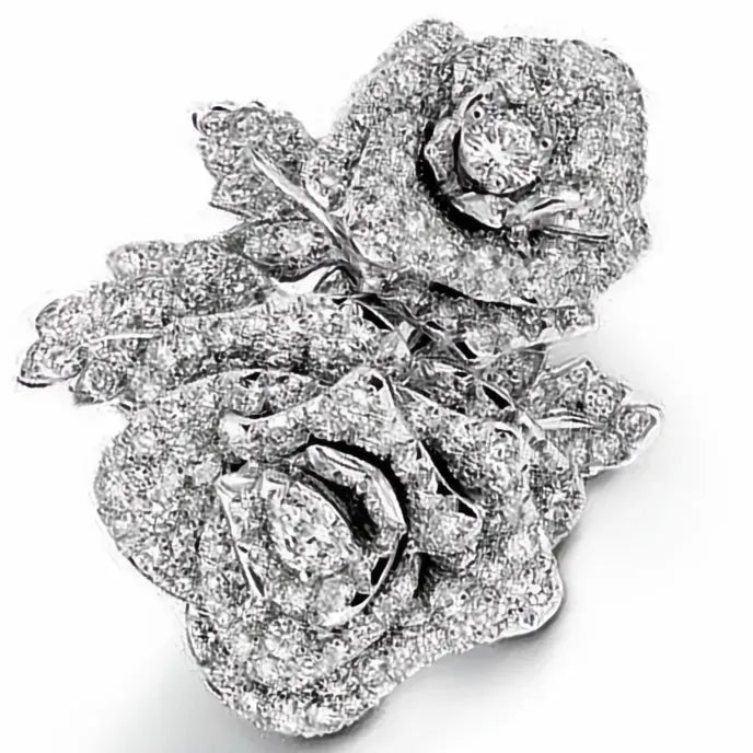 Cubic Zirconia Rose Shape Ring for Women, Brass Plant Design Wedding Band Gift