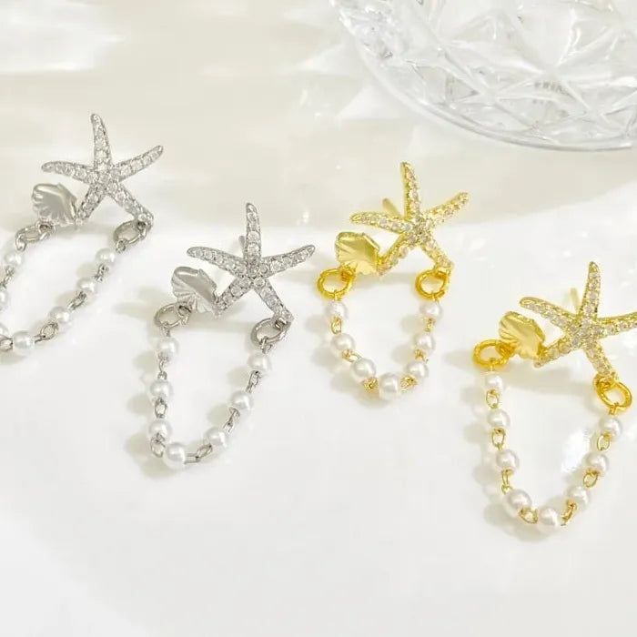Starfish Shell Pearl Drop Earrings Zinc Alloy Bohemian Beach Jewelry Gift