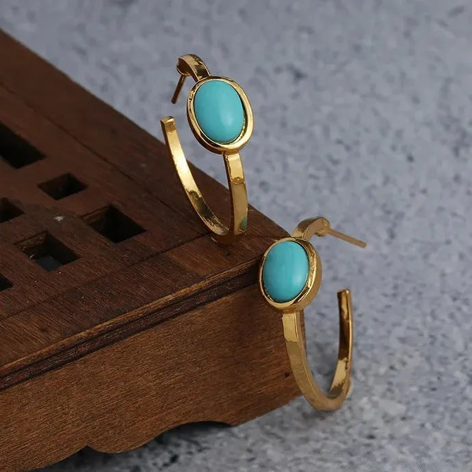 Vintage Oval Turquoise Hoop Earrings for Women Zinc Alloy Delicate Jewelry Gift
